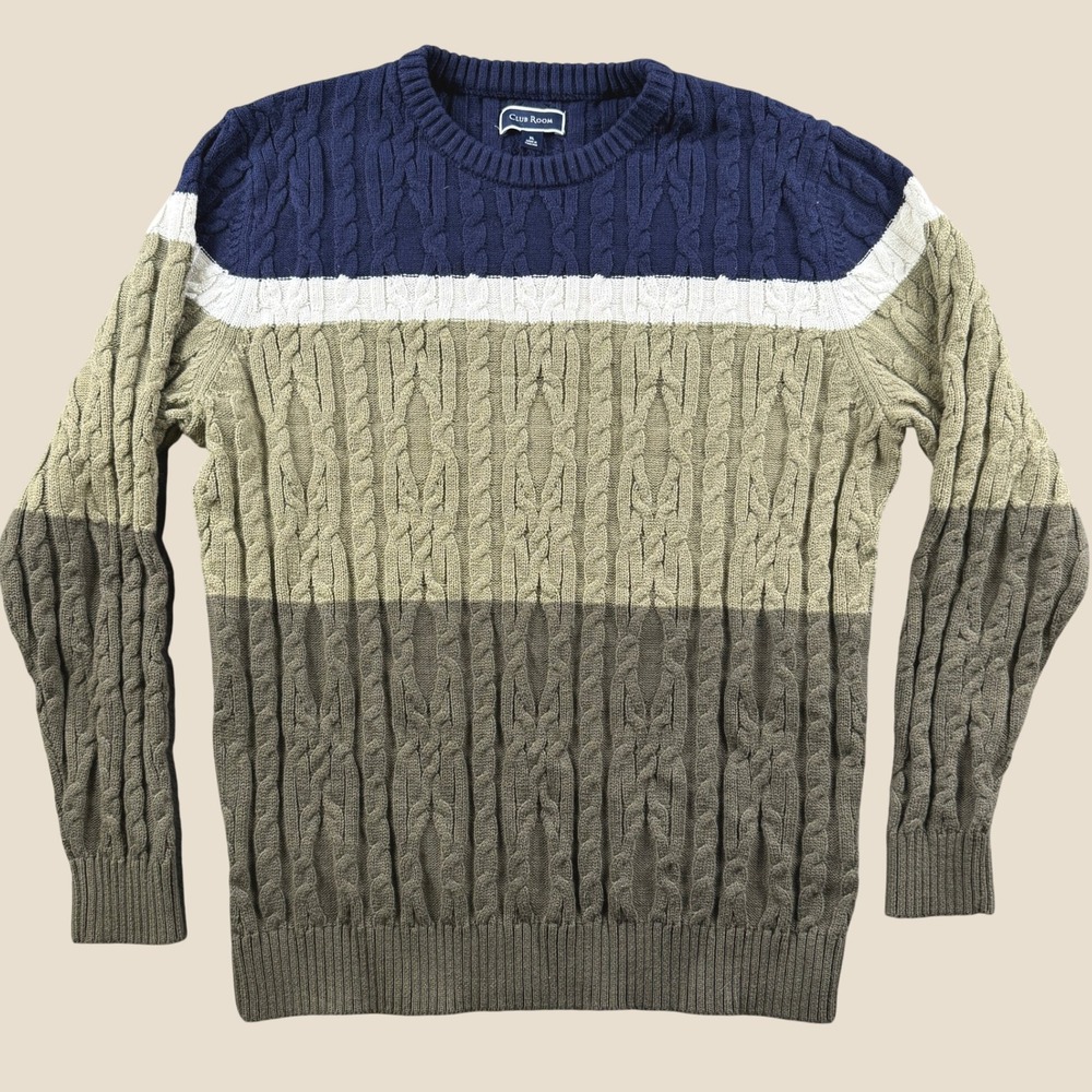Club Room Sweater Men XL Colorblock Cable Knit Crewneck Pullover Casual Cozy